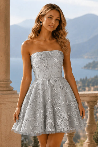 Nola Red Sparkle Spaghetti-Strap Mini Homecoming Dress in Silver Floral - front view