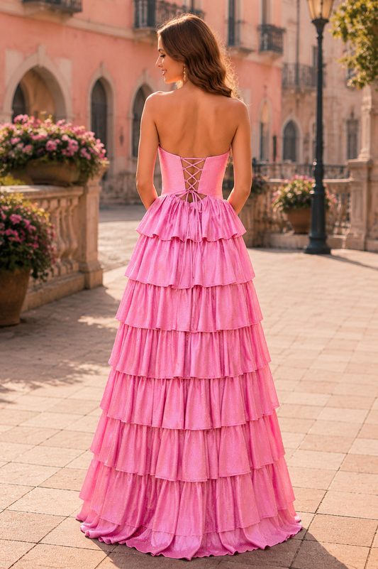 Aladora Cutout Tiered A-Line Prom Dress in Pink - back view