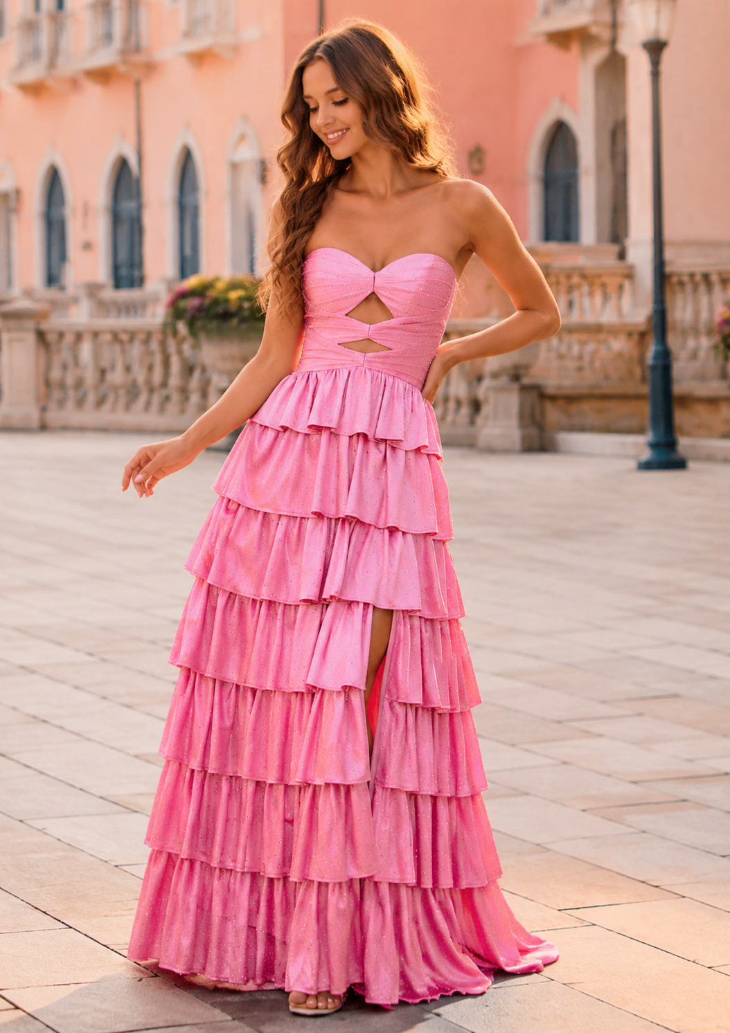 Pink Cutout Tiered A-Line Prom Dress front view