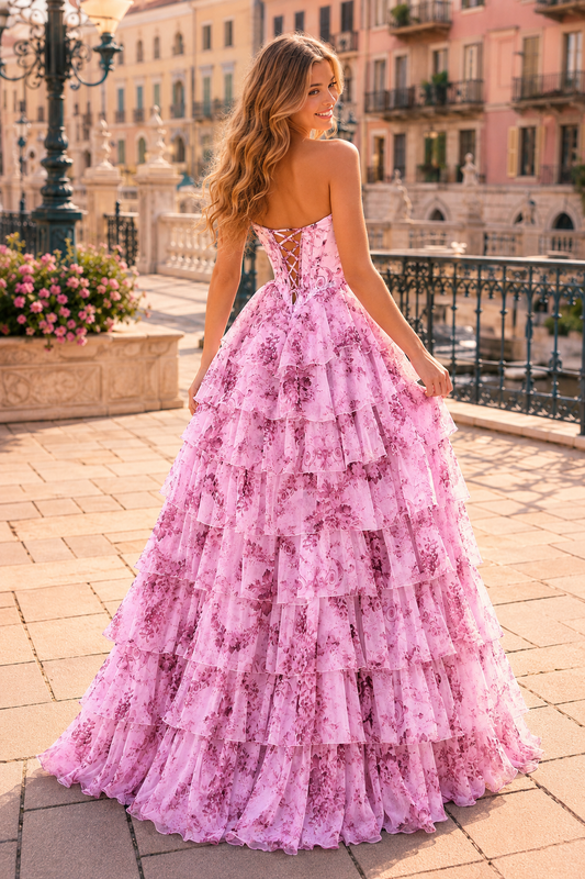Genevieve Floral Sweetheart Tiered A-Line Prom Dress in Pink - back view