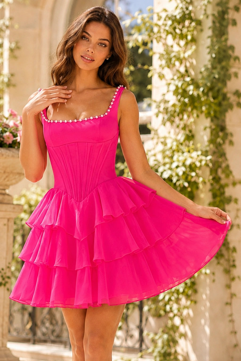 Hot Pink Beaded Square Neck Tiered Ruffle Homecoming Dress front view