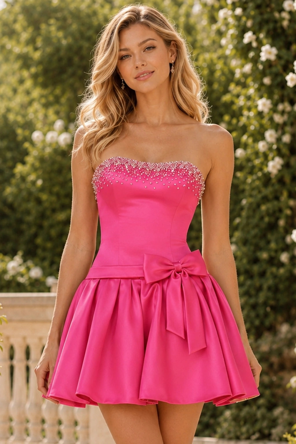 Hot Pink Strapless Corset Satin A-Line Homecoming Dress front view