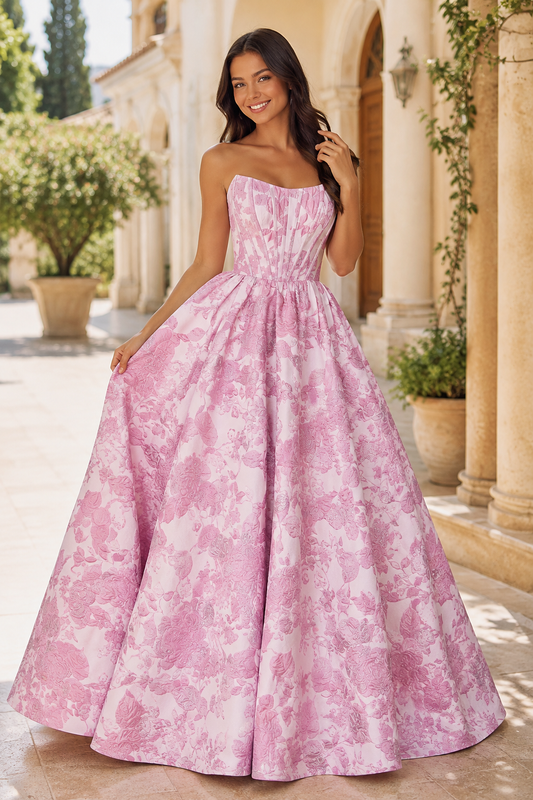 Adeline Strapless Floral Ball Gown Prom Dress - Pink Floral front view | PromSpark