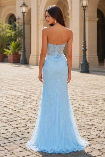 Amelie Strapless Sequin Mermaid Prom Dress with Slit in Light Blue - back view