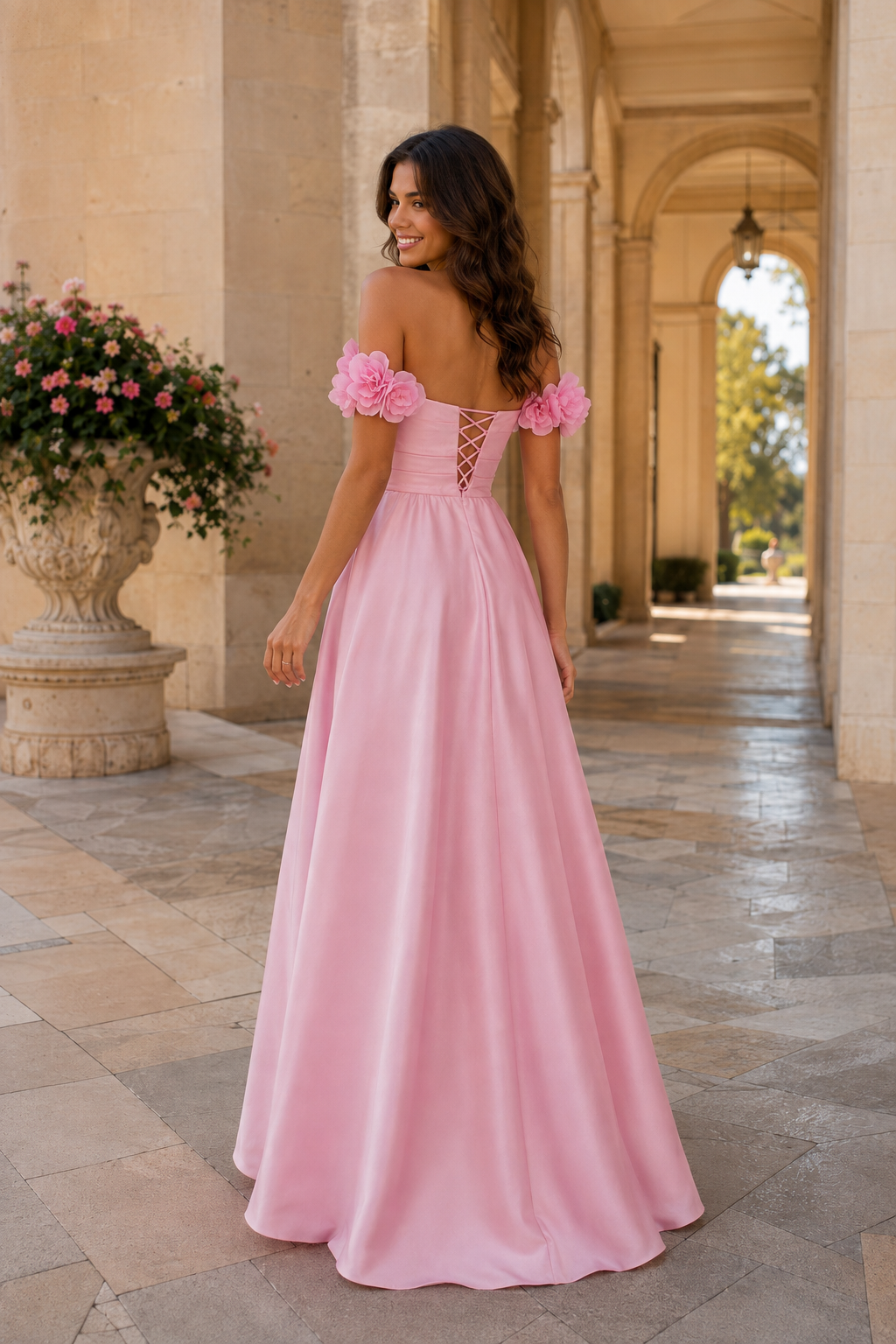 Annalise Off-the-Shoulder Floral A-Line Prom Dress in Blush Pink - back view