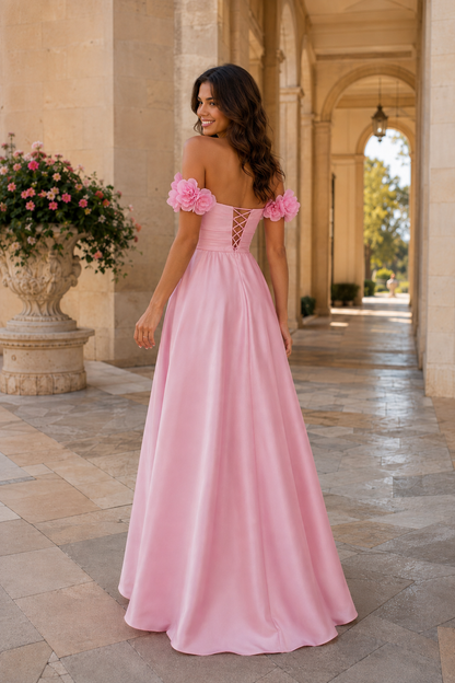 Annalise Off-the-Shoulder Floral A-Line Prom Dress in Blush Pink - back view
