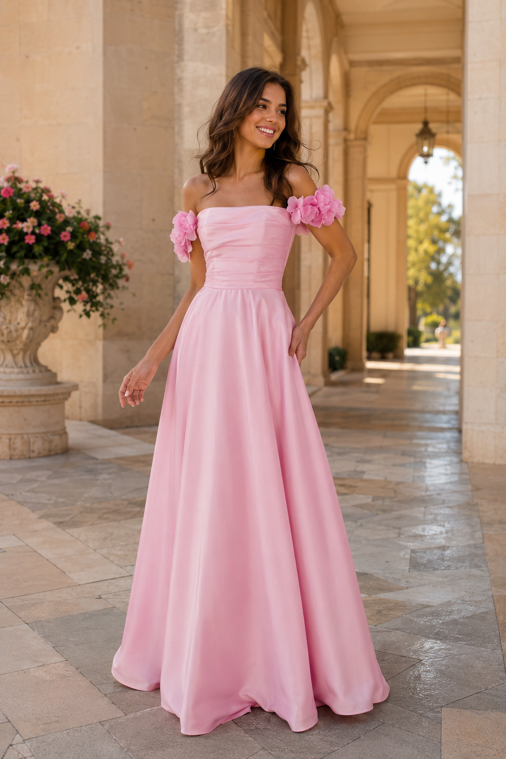 Annalise Off-the-Shoulder Floral A-Line Prom Dress in Blush Pink - front view