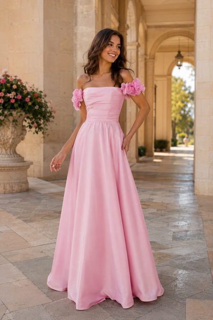 Annalise Off-the-Shoulder Floral A-Line Prom Dress in Blush Pink - front view