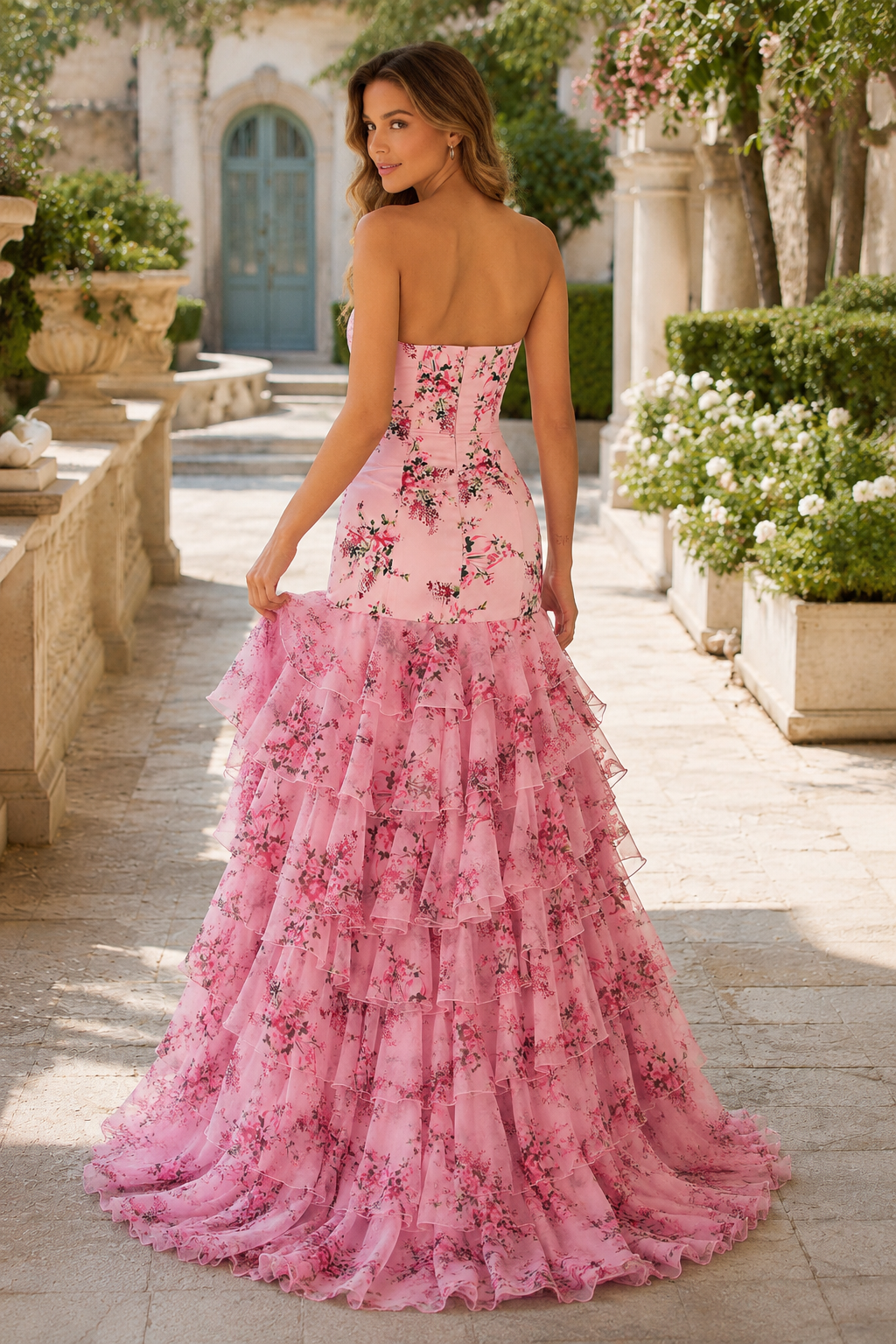 Bianca Strapless Ruffle Mermaid Prom Dress with Slit in Pink Floral - back view