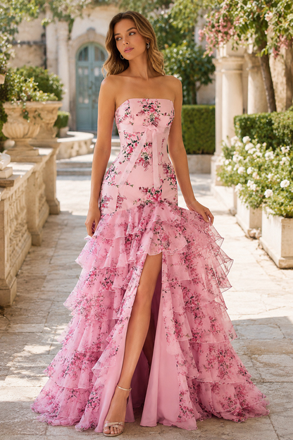 Bianca Strapless Ruffle Mermaid Prom Dress with Slit in Pink Floral - front view