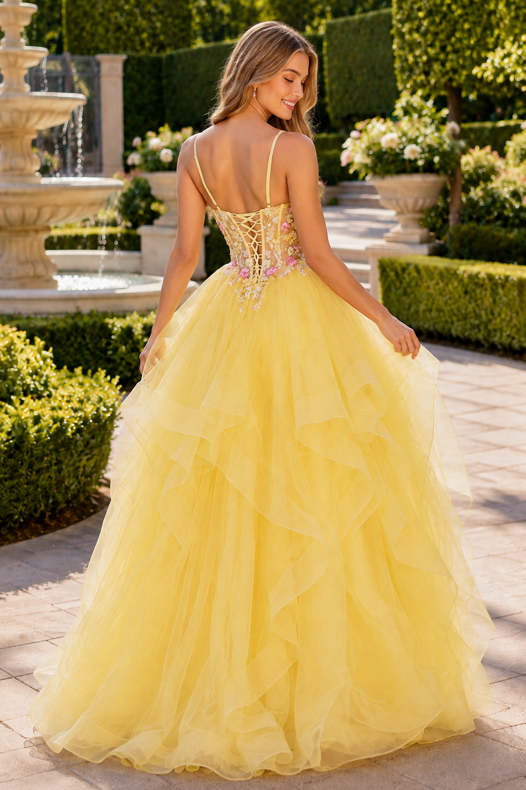 Elysia Beaded Corset Tulle Ball Gown Prom Dress in Yellow - back view