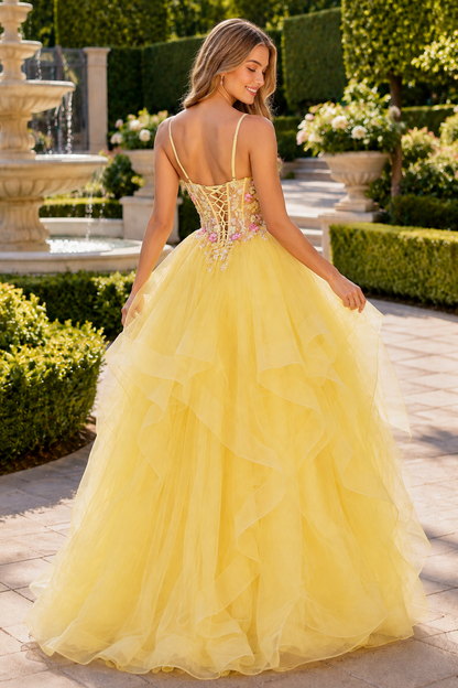 Elysia Beaded Corset Tulle Ball Gown Prom Dress in Yellow - back view