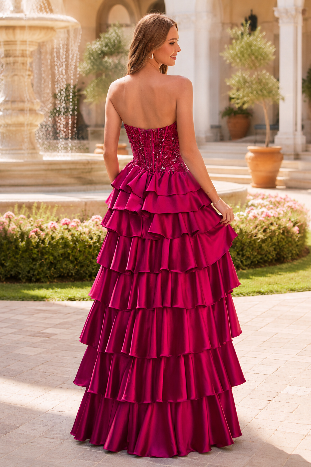 Estelle Strapless Tiered Ruffle Ball Gown Prom Dress in Fuchsia - back view