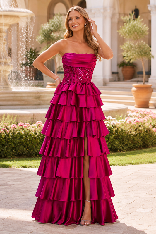 Estelle Strapless Tiered Ruffle Ball Gown Prom Dress in Fuchsia - front view