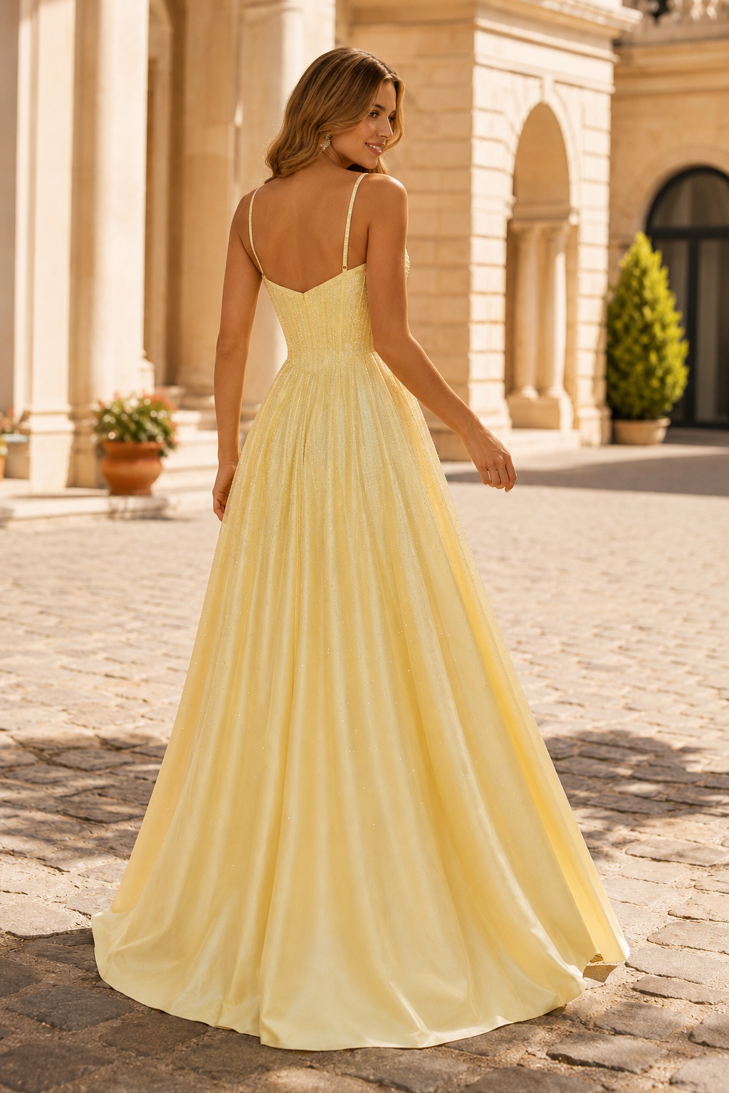 Evangeline Beaded Corset A-Line Prom Dress with Slit in Yellow - back view