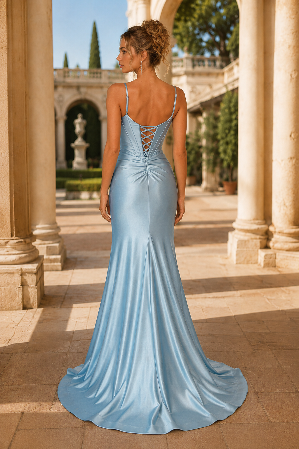 Lucienne Off-the-Shoulder Ruched Mermaid Prom Dress with Slit in Light Blue - back view