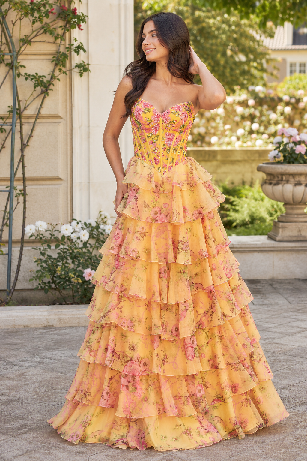 Maelle Strapless Tiered Ruffle Ball Gown Prom Dress in Yellow Floral - front view