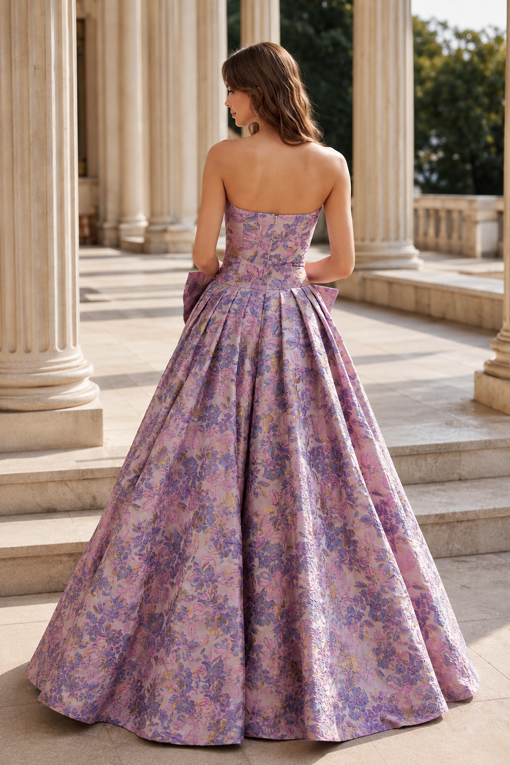 Marcella Bow Corset Ball Gown Prom Dress in Lavender Floral - back view