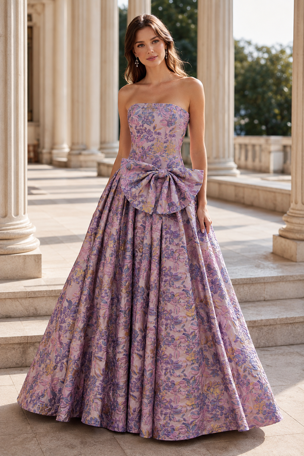 Marcella Bow Corset Ball Gown Prom Dress in Lavender Floral - front view