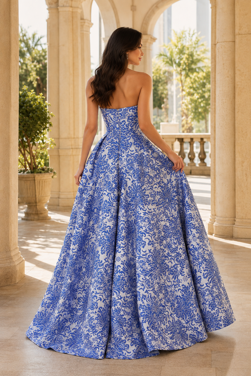 Natalia Strapless Floral Ball Gown Prom Dress in Blue Floral - back view