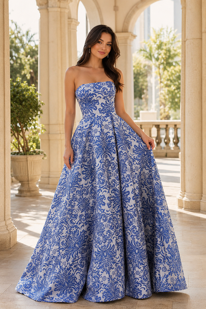 Natalia Strapless Floral Ball Gown Prom Dress in Blue Floral - front view