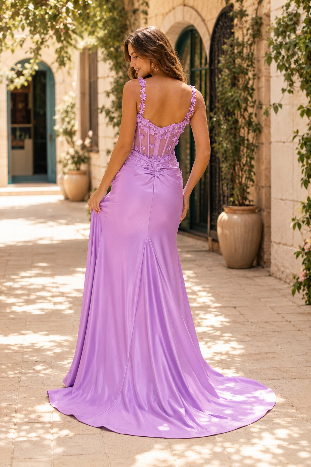Oriana Beaded Corset Mermaid Prom Dress with Slit in Lavender - back view