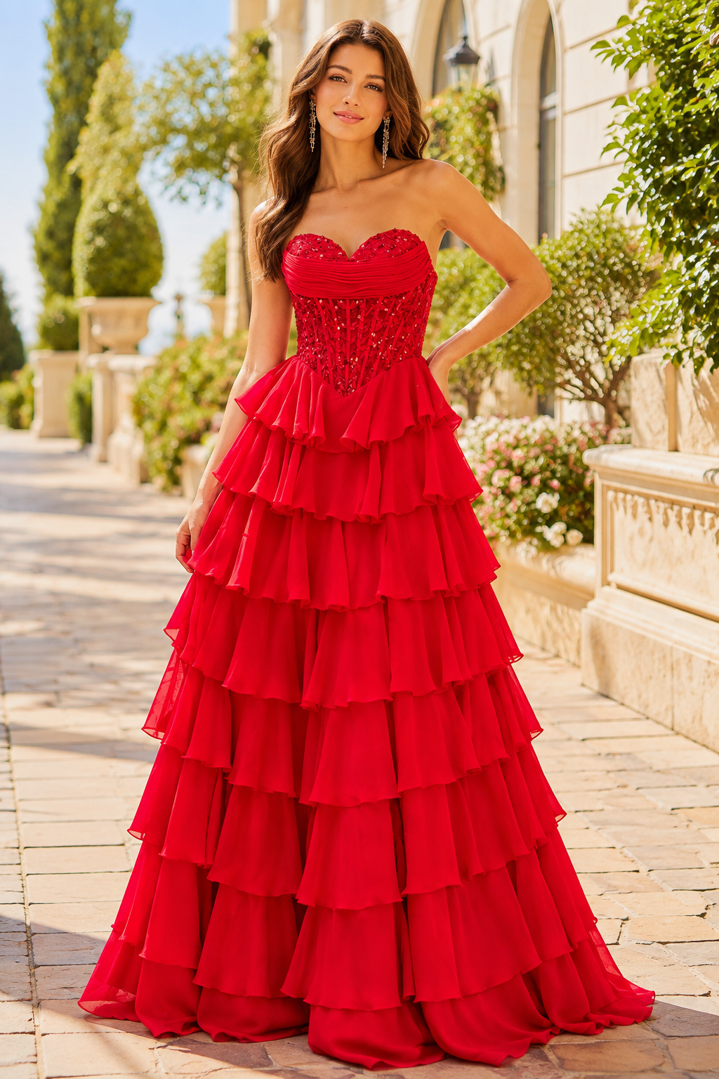 Galisse Strapless Tiered Ruffle Ball Gown Prom Dress in Red - front view