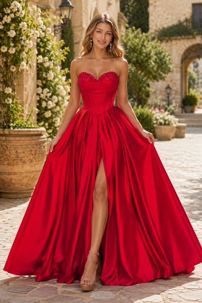 Kazaria Strapless Sweetheart Satin Ball Gown Prom Dress with Slit in Red - front view