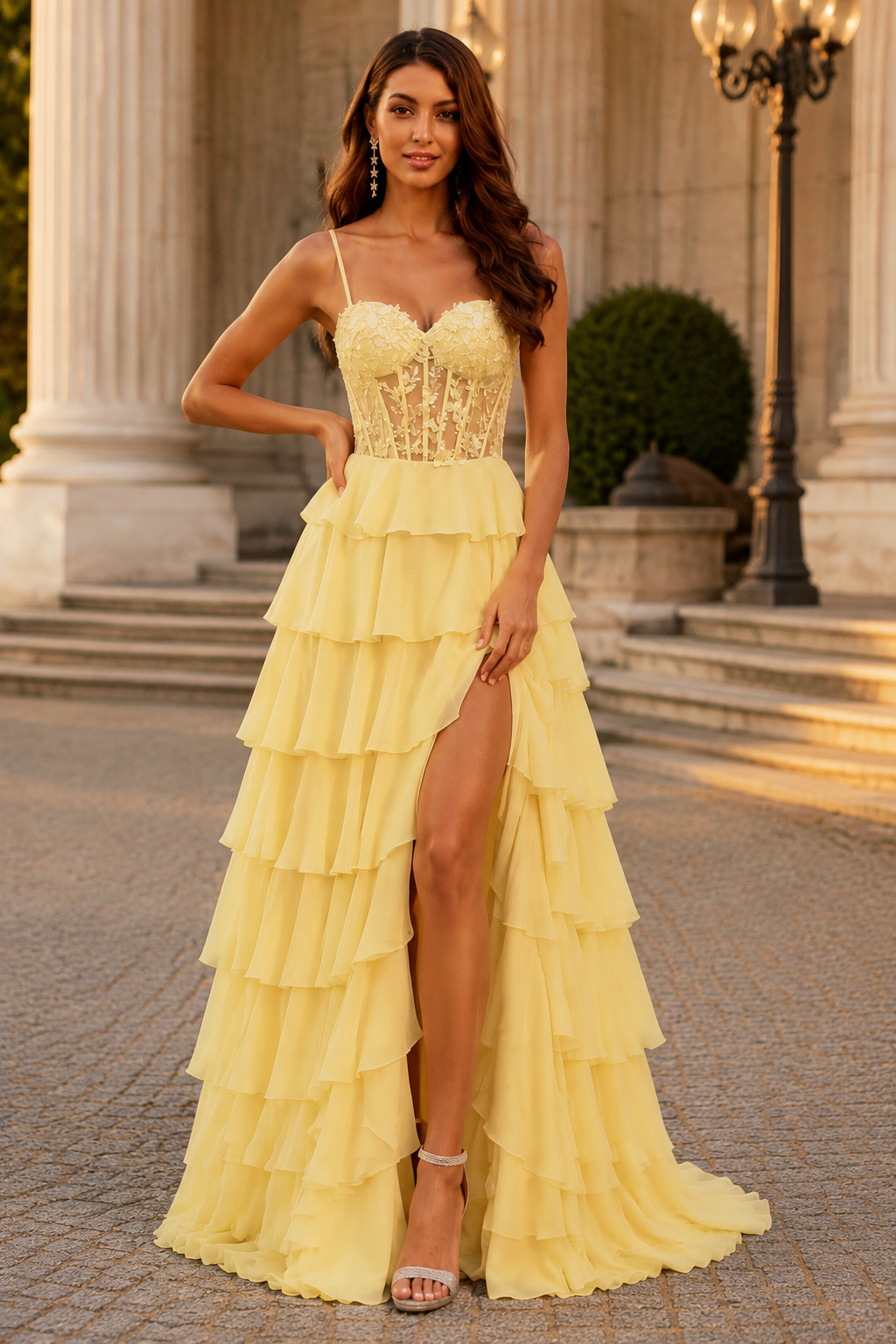 Orlena Beaded Corset Tiered Ruffle Prom Dress with Slit in Yellow - front view