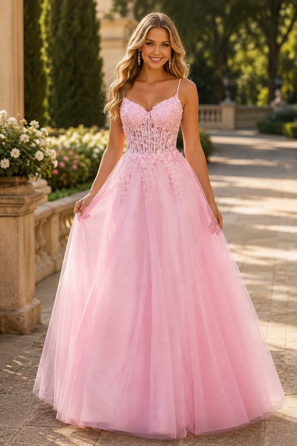 Pavelle Beaded Corset Tulle Ball Gown Prom Dress - Blush front view | PromSpark