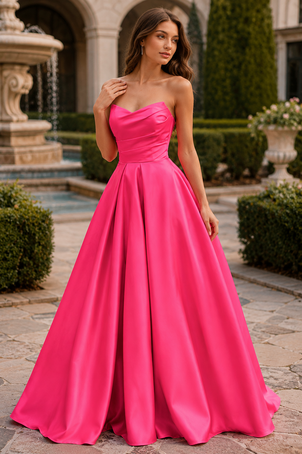 Rivelia Strapless Satin Ball Gown Prom Dress in Fuchsia - front view