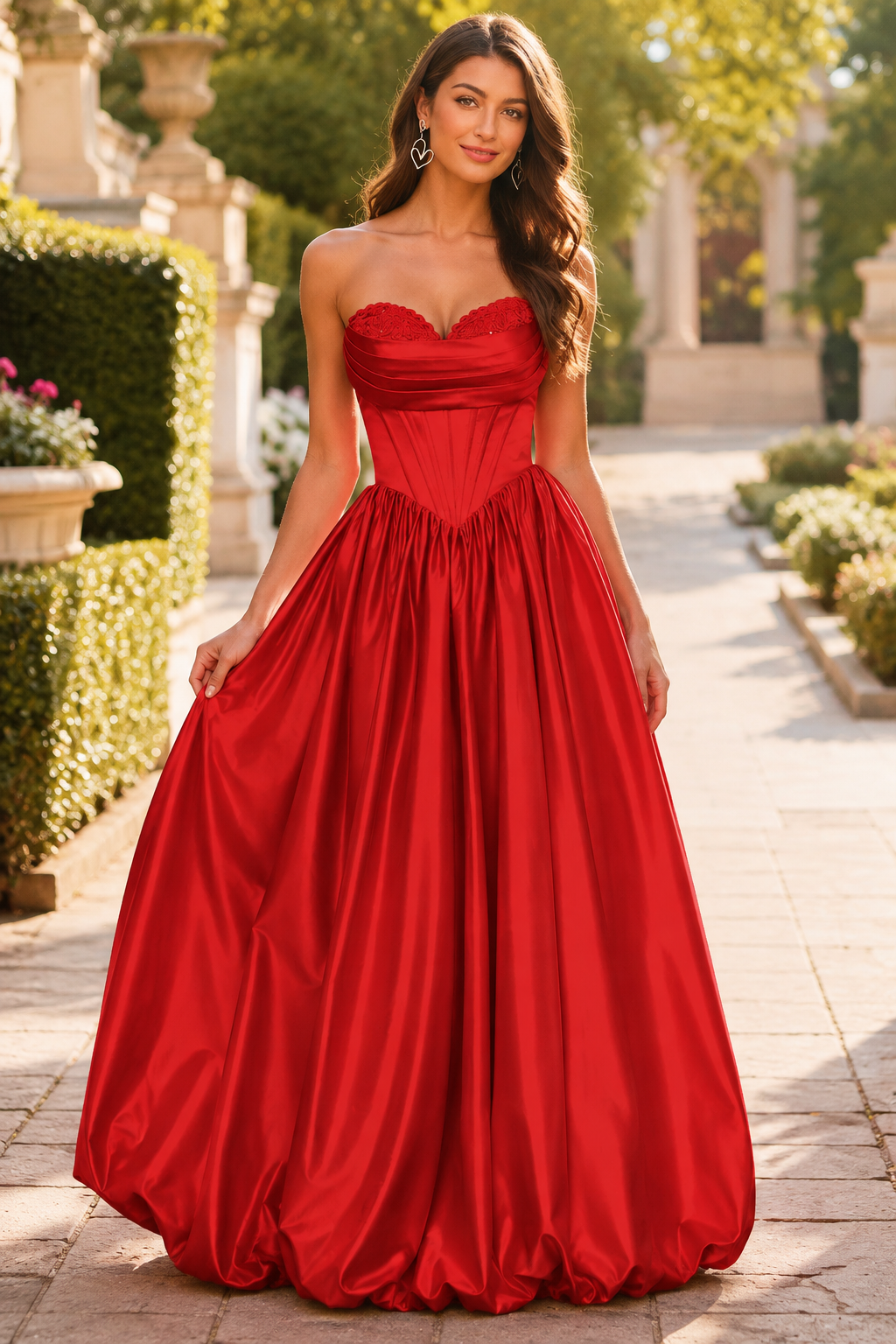 Lumeria Strapless Corset Satin Ball Gown Prom Dress in Red - front view