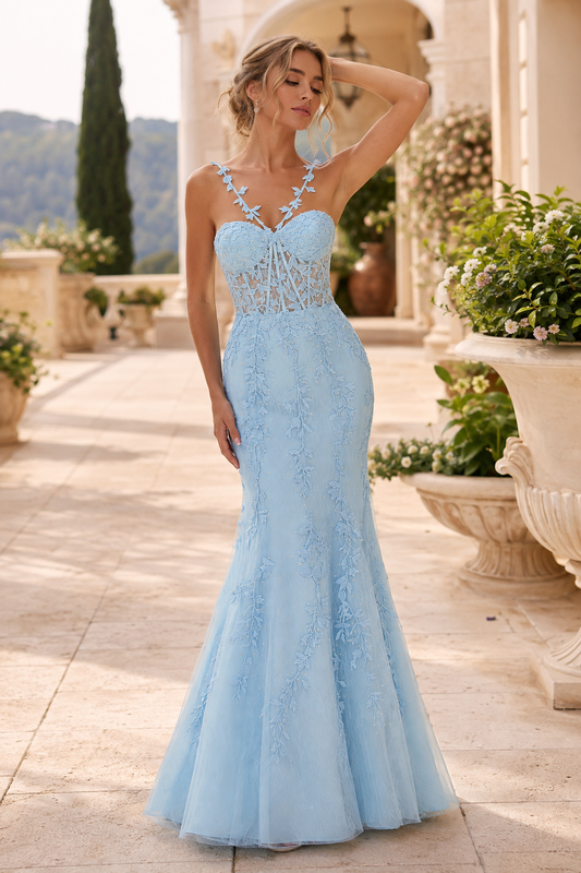 Giselene Spaghetti Strap Lace Mermaid Prom Dress - Light Blue front view | PromSpark