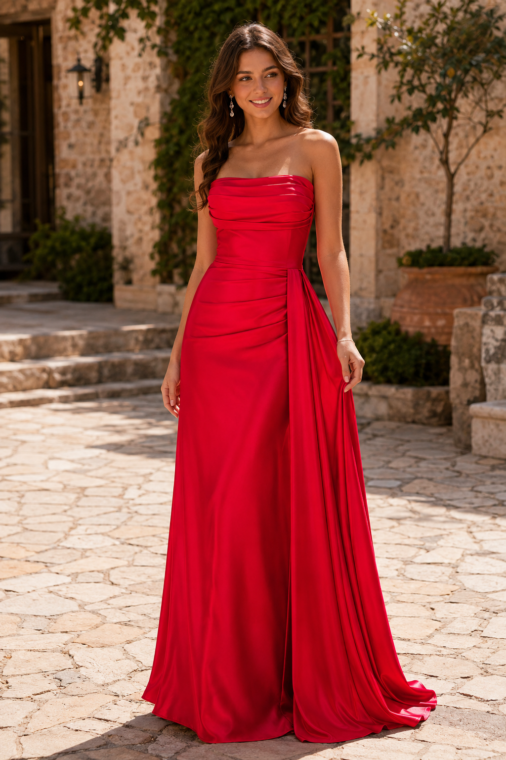 Liorenne Strapless Ruched Satin Mermaid Prom Dress in Red - front view