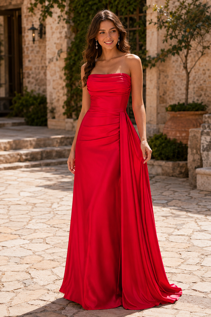 Liorenne Strapless Ruched Satin Mermaid Prom Dress in Red - front view