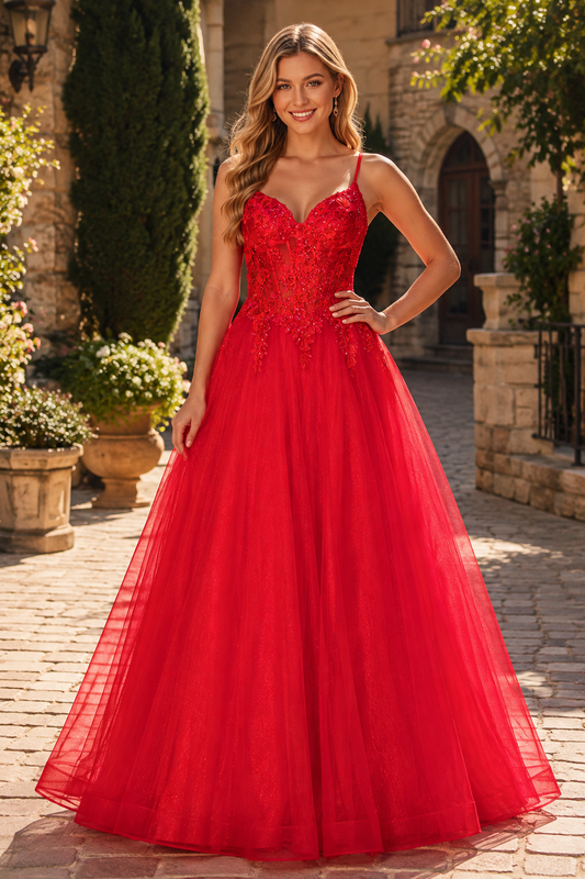 Terenza Beaded Corset Tulle Ball Gown Prom Dress in Red - front view