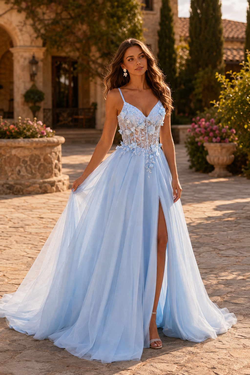 Xelora Floral Applique Tulle A-Line Prom Dress with Slit in Light Blue - front view