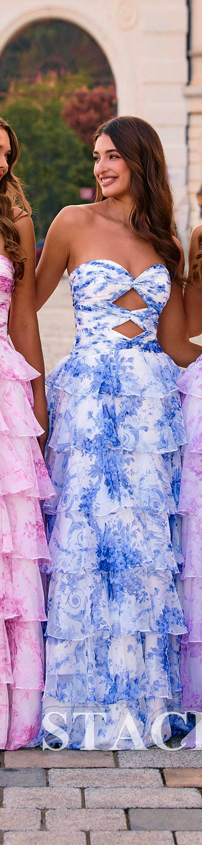 Doravine Strapless Tiered Ball Gown Prom Dress in Blue and White Floral - front view