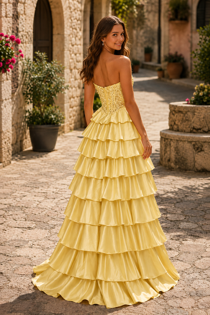 Cazelle Strapless Tiered Ruffle Ball Gown Prom Dress with Slit in Yellow - back view