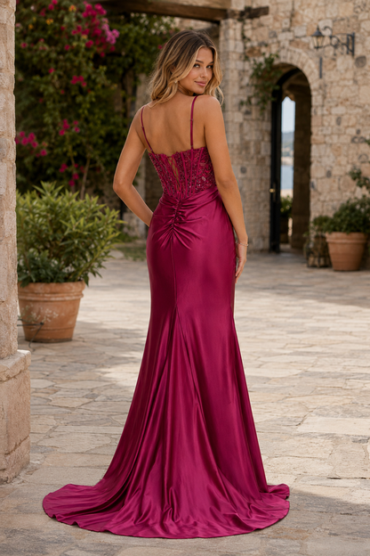 Bellora Beaded Corset Ruched Mermaid Prom Dress with Slit in Burgundy - back view