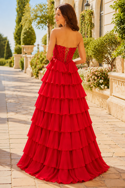 Galisse Strapless Tiered Ruffle Ball Gown Prom Dress in Red - back view