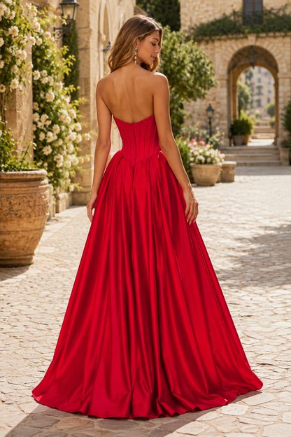 Kazaria Strapless Sweetheart Satin Ball Gown Prom Dress with Slit in Red - back view