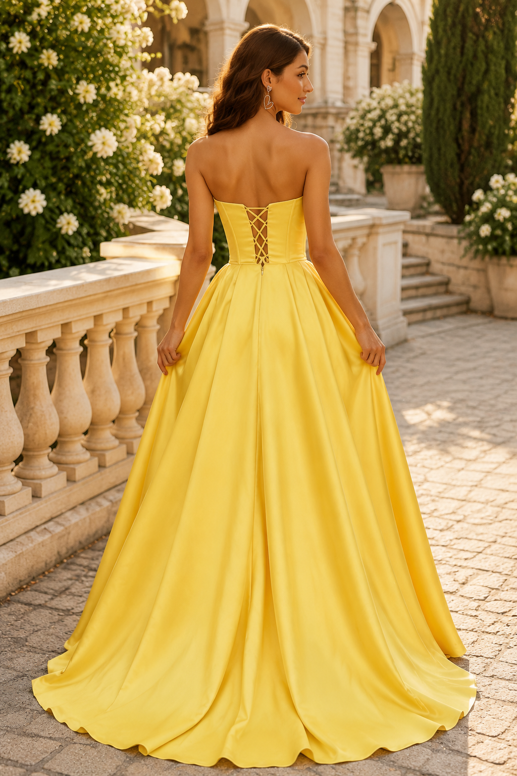 Wrenora Strapless Sweetheart Satin Ball Gown Prom Dress with Slit in Yellow - back view