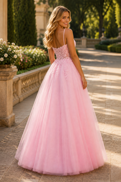 Pavelle Beaded Corset Tulle Ball Gown Prom Dress - Blush back view | PromSpark