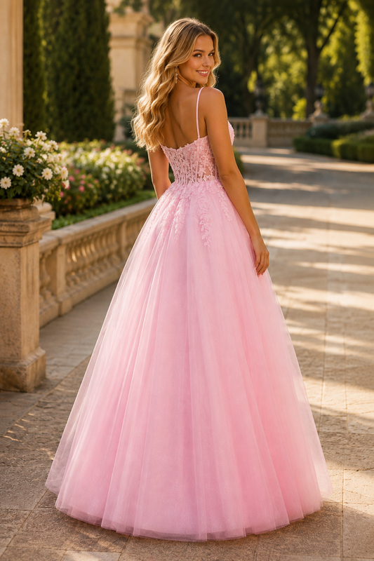 Pavelle Beaded Corset Tulle Ball Gown Prom Dress - Blush back view | PromSpark