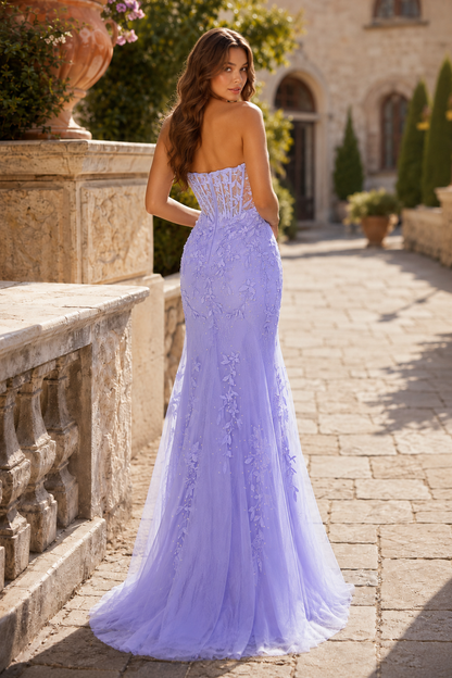 Nerissa Strapless Beaded Lace Mermaid Prom Dress with Slit in Lavender - back view