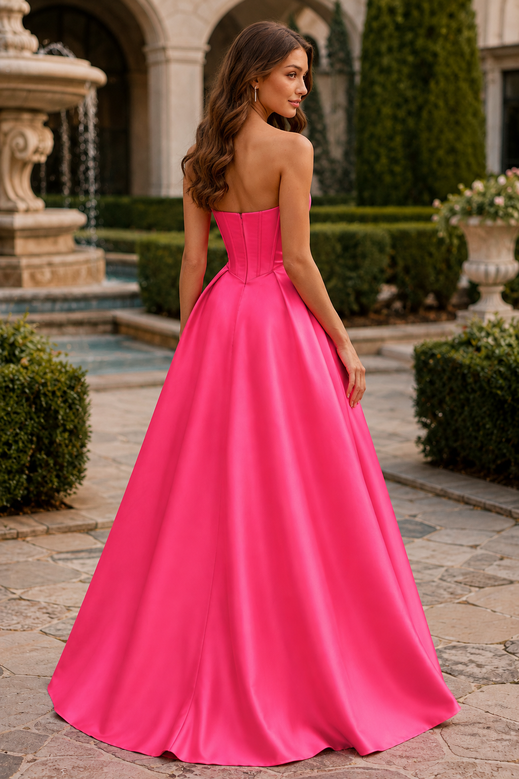 Rivelia Strapless Satin Ball Gown Prom Dress in Fuchsia - back view