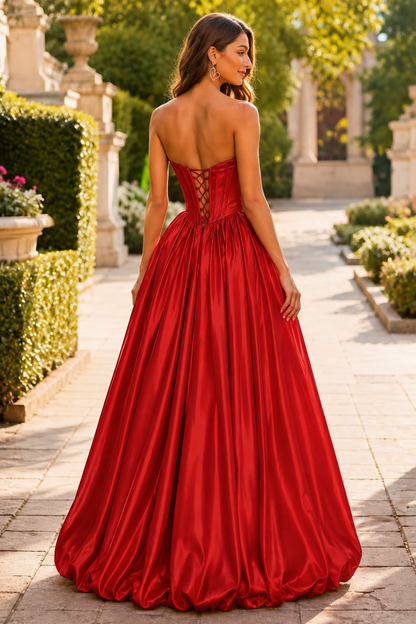Lumeria Strapless Corset Satin Ball Gown Prom Dress in Red - back view