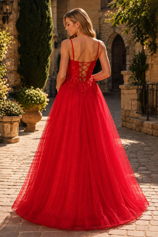 Terenza Beaded Corset Tulle Ball Gown Prom Dress in Red - back view