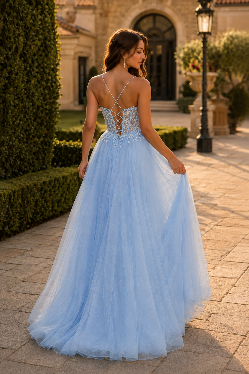 Varella Beaded Corset Tulle A-Line Prom Dress with Slit in Light Blue - back view